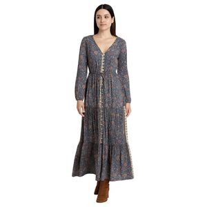 Karma Highway Blue Fit Flare Button Floral Hippie Boho Maxi Dress Women's 1 Size